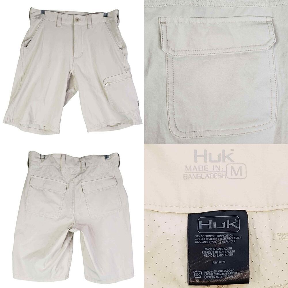 Huk Fishing Shorts Mens Medium Khaki Performance Outdoors Lightweight Zip Pocket